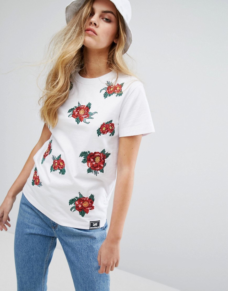 House of Holland X Lee T Shirt with Floral Embroidery - White