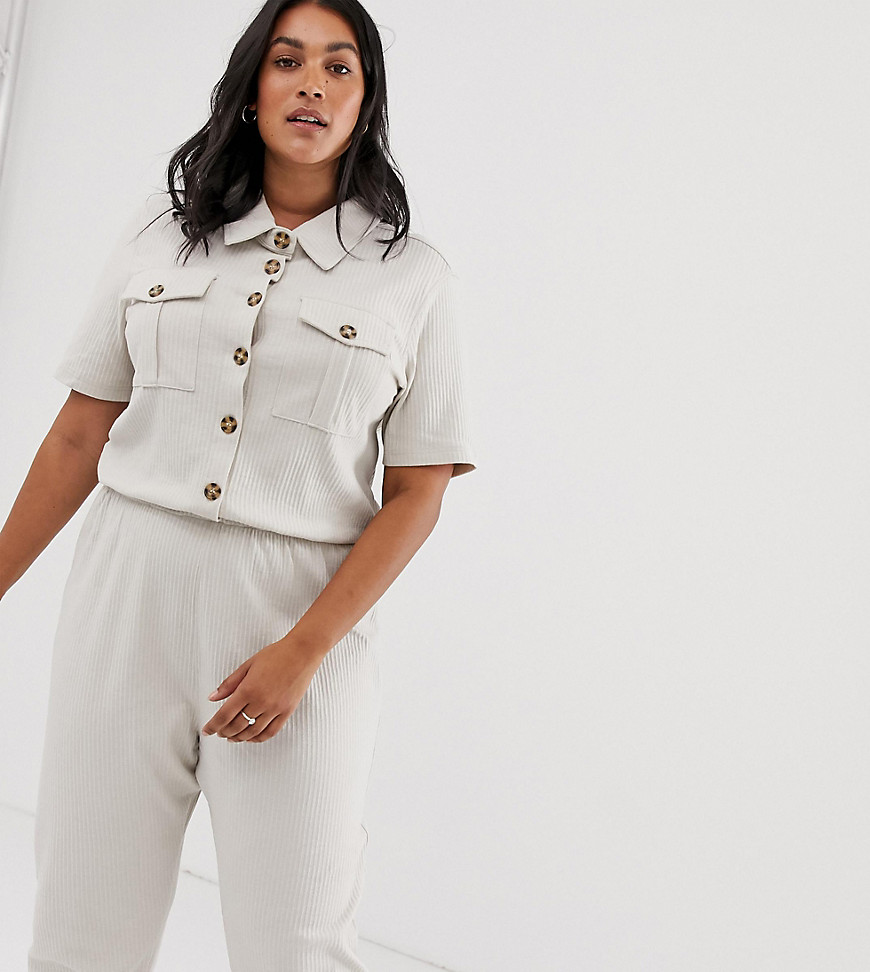 Missguided Plus ribbed jumpsuit with button detail in cream