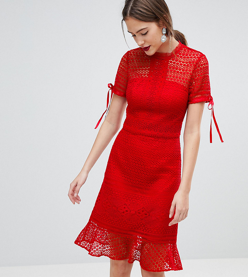 Chi Chi London Tall All Over Lace Midi Dress with High Neck and Short Sleeve
