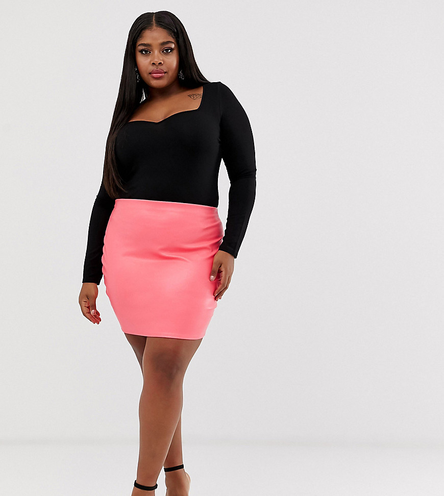 PrettyLittleThing Plus leather look skirt in pink
