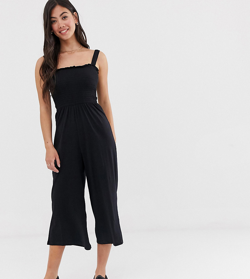 New Look Petite shirred strappy jumpsuit in black