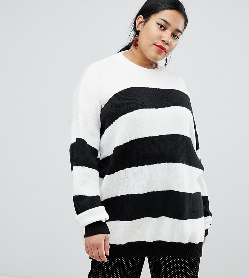 Glamorous Curve oversized knitted jumper in contrast stripe - Cream and black