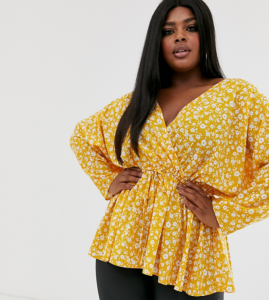 ASOS DESIGN Curve batwing sleeve top with tie waist in ditsy floral print