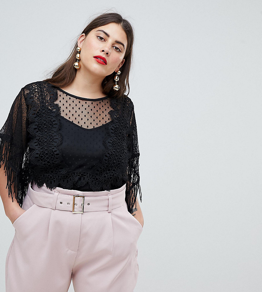 Lost Ink Plus Top With Fringe Sleeves In Mixed Lace