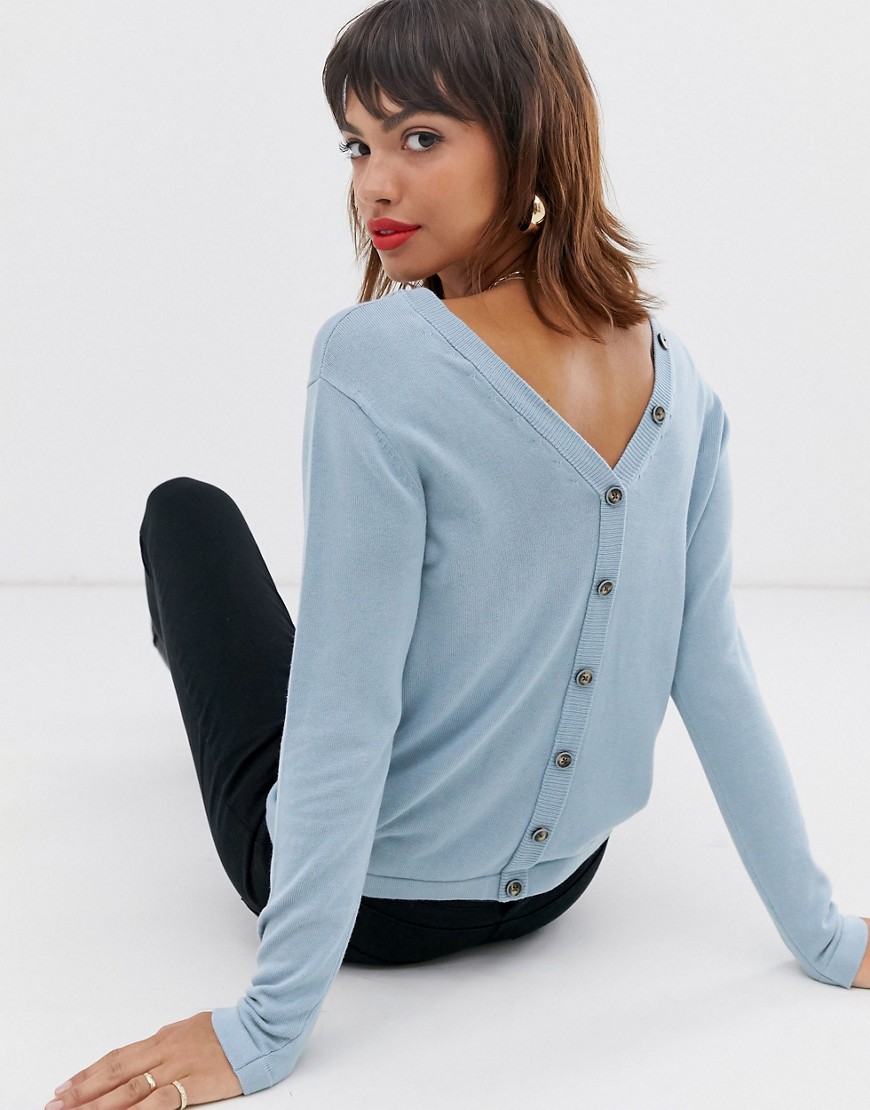 Esprit v back button detail knitted jumper in baby blue