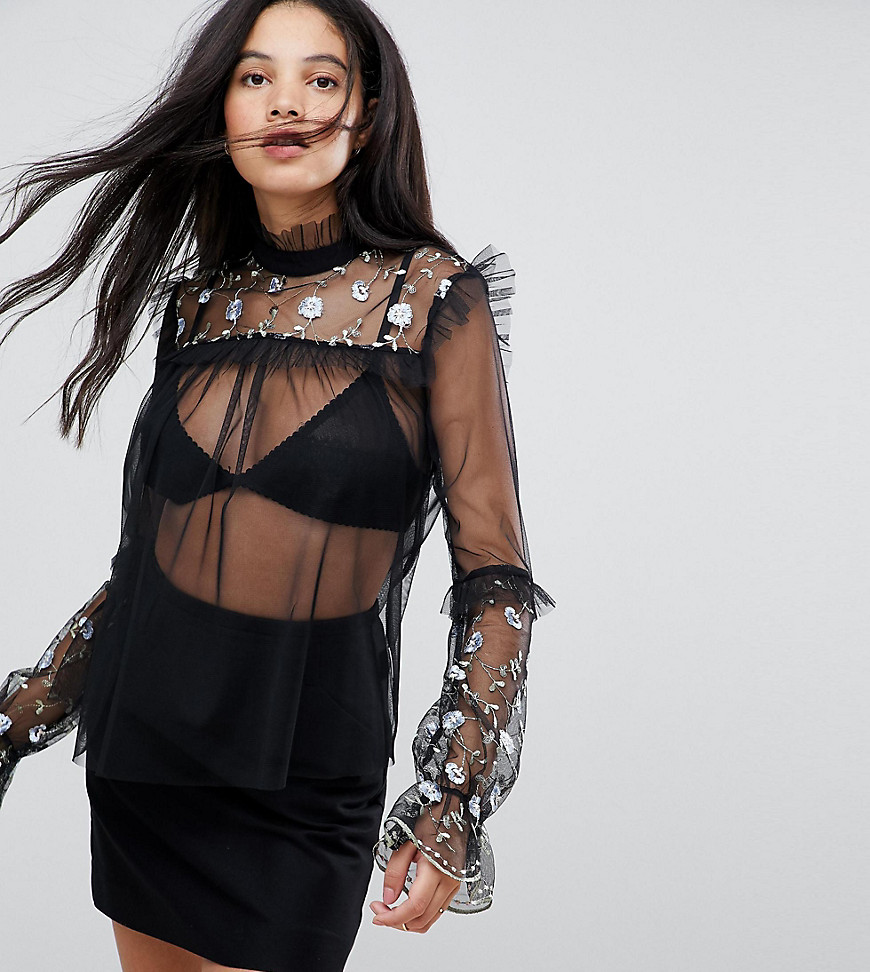 Kiss The Sky Tall Sheer Mesh Trophy Top With Floral Embroidery - Black