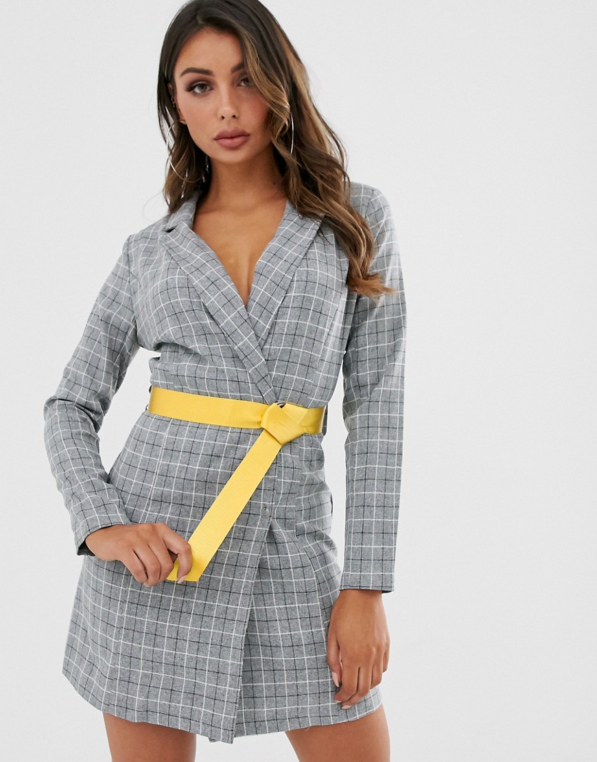 Lasula blazer dress with contrast yellow belt in grey check