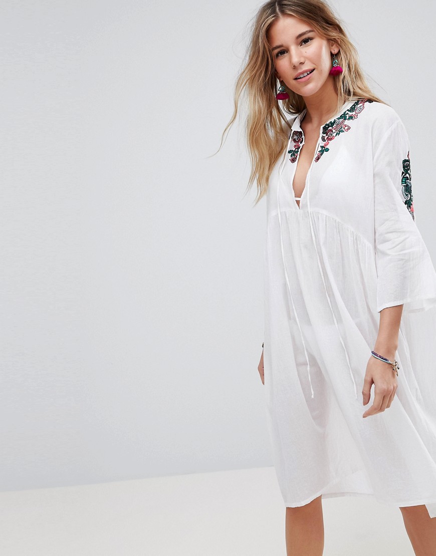 Liquorish Midi Beach Cover Up Dress With Arm Embroidery