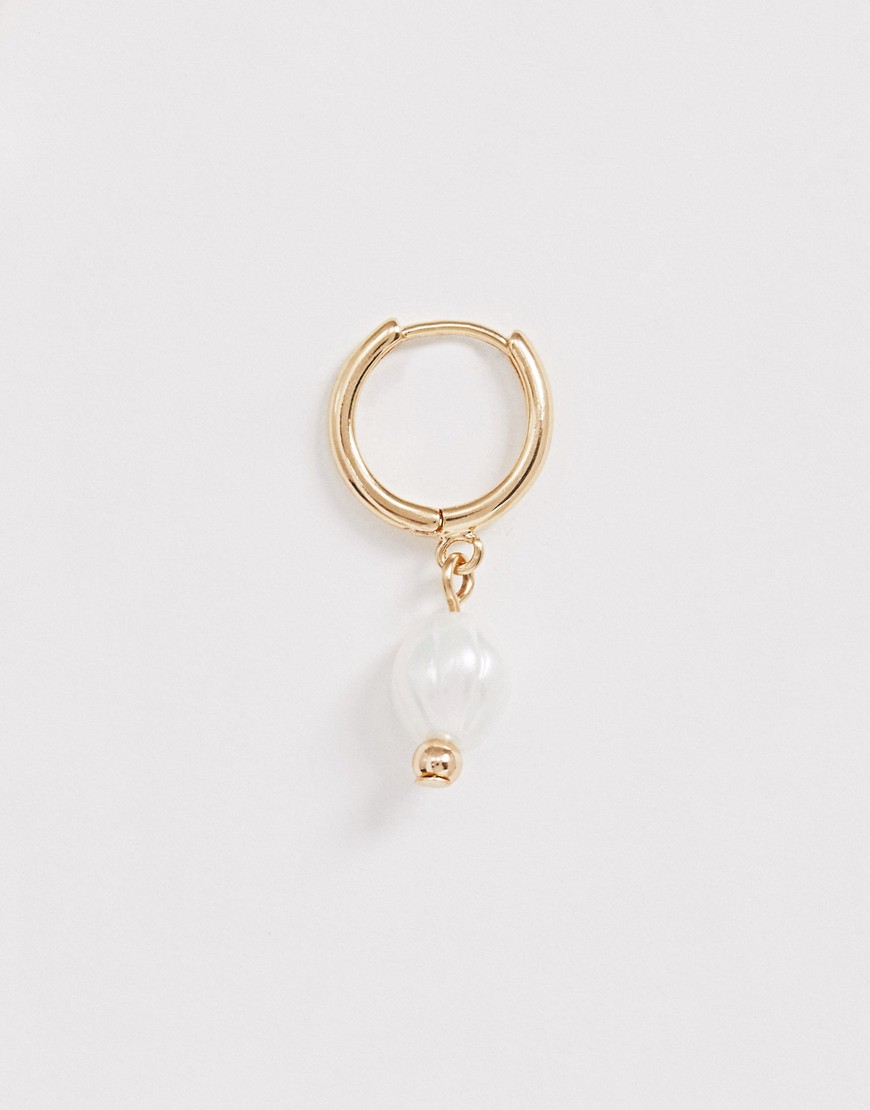 Asos Design Single Hoop Earring With Faux Freshwater Pearl In Gold Tone