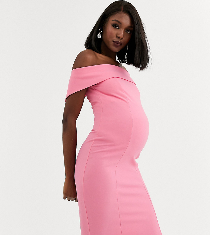 Queen Bee Maternity off shoulder layered midi dress in pink