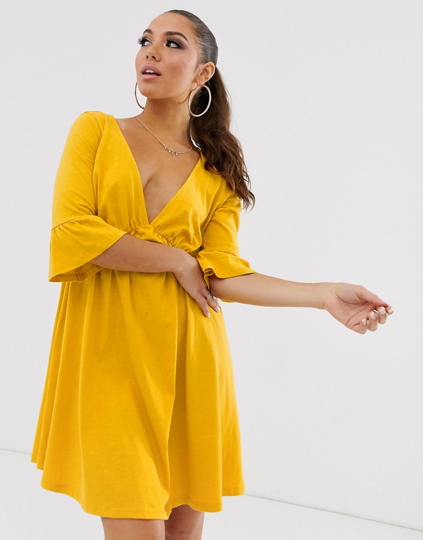 Asos Design V Neck Frill Sleeve Smock Dress-yellow