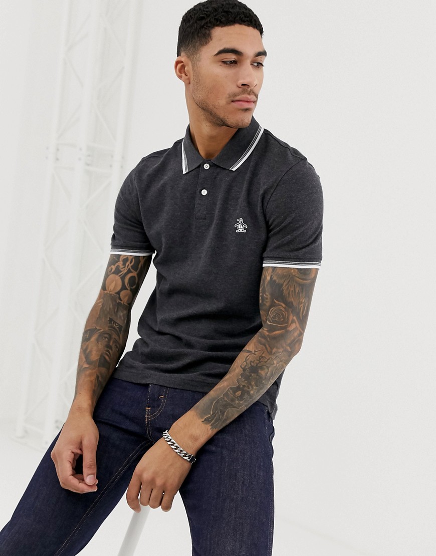 Original Penguin slim fit tipped pique polo in charcoal
