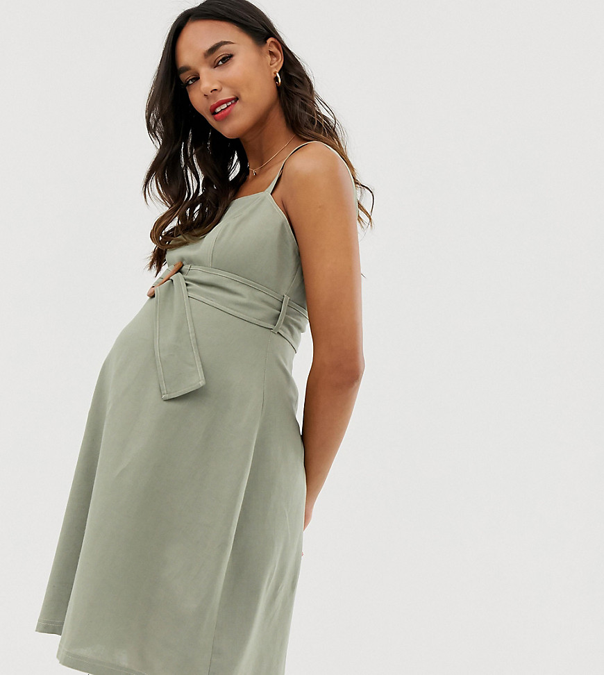ASOS DESIGN Maternity square neck linen mini sundress with contrast stitch and buckle