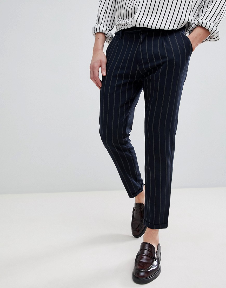 Pull&Bear Striped Tailored Trousers In Navy - Navy