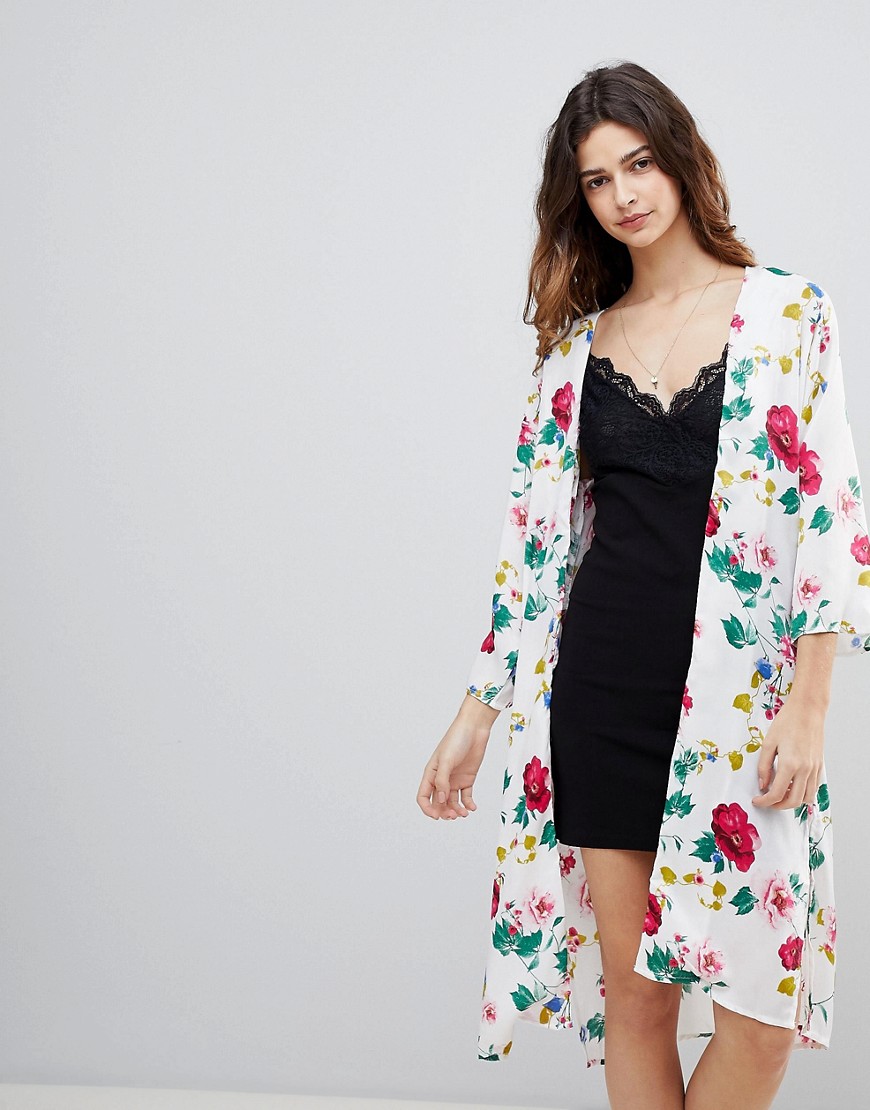 Crescent Floral Print Satin Kimono Jacket With Front Pockets