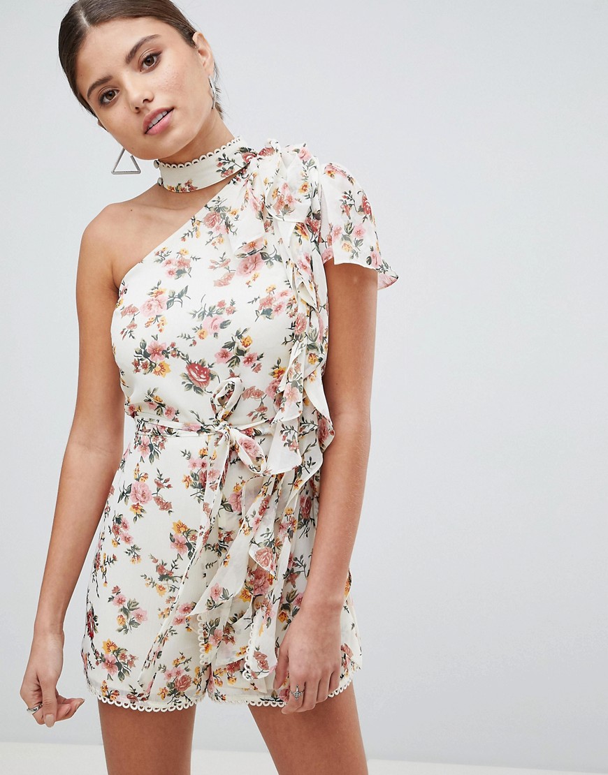 Asos Design Occasion Romper With One Shoulder And Tie Neck In Floral Chiffon-neutral