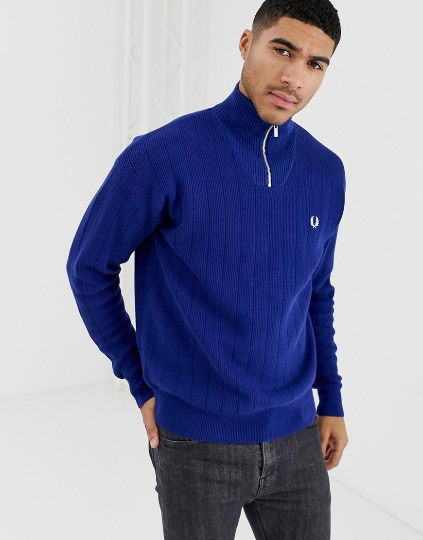 Fred Perry half zip knitted jumper in blue