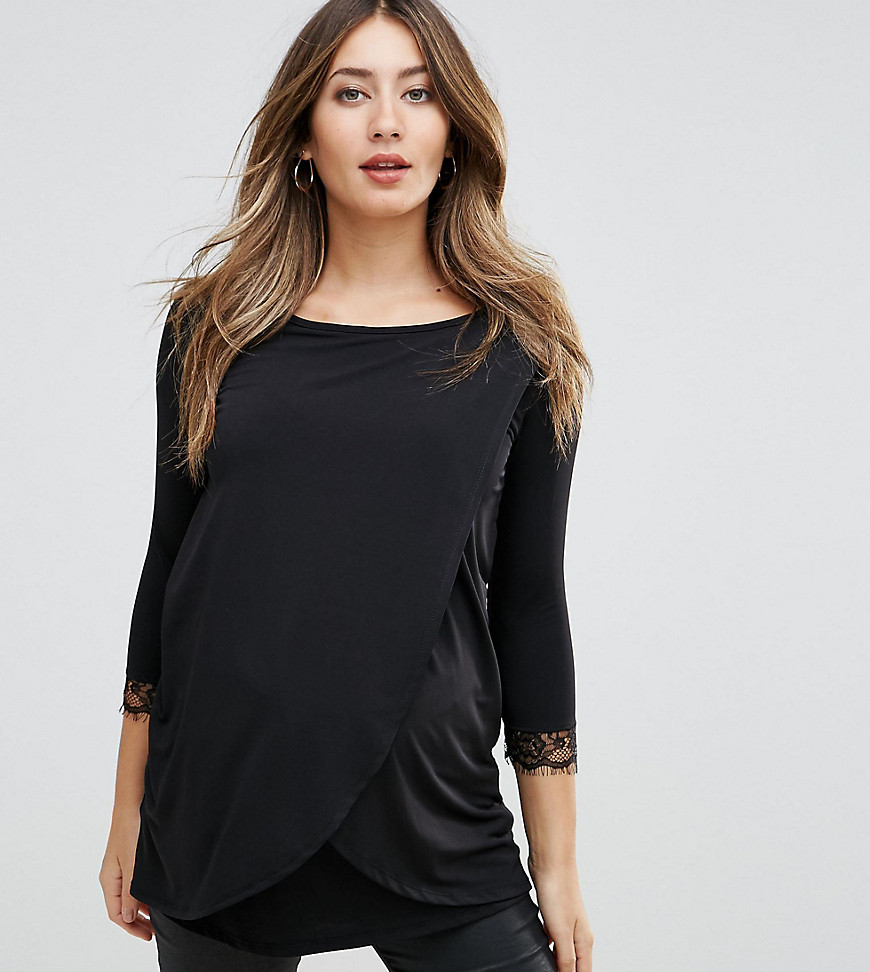 Bluebelle Maternity Wrap Over Top with Lace Cuff Detail - Black