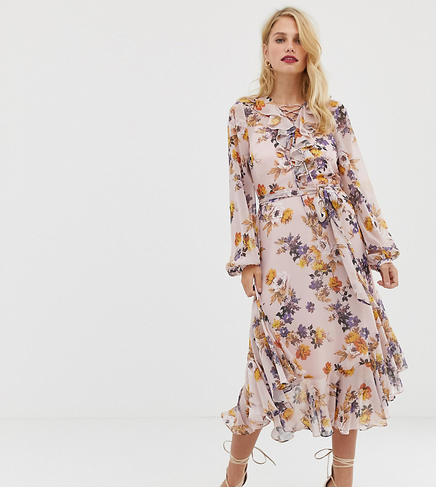 Forever New v neck midaxi dress with frill detail in floral print