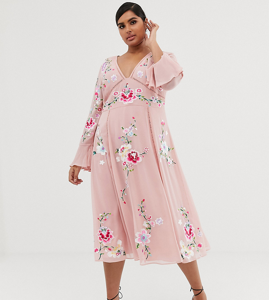ASOS DESIGN Curve embroidered midi dress with lace trims