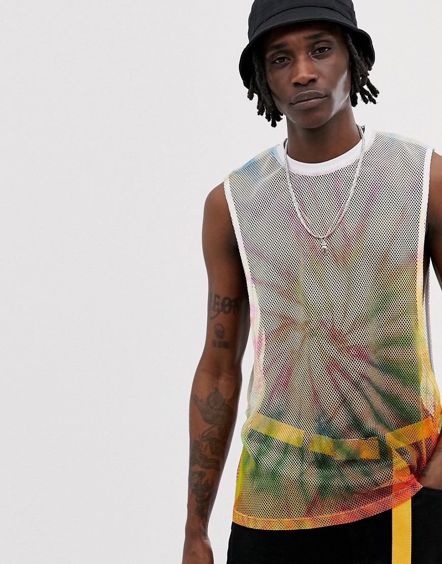 ASOS DESIGN relaxed sleeveless t-shirt with extreme dropped armhole in bright mesh tie dye