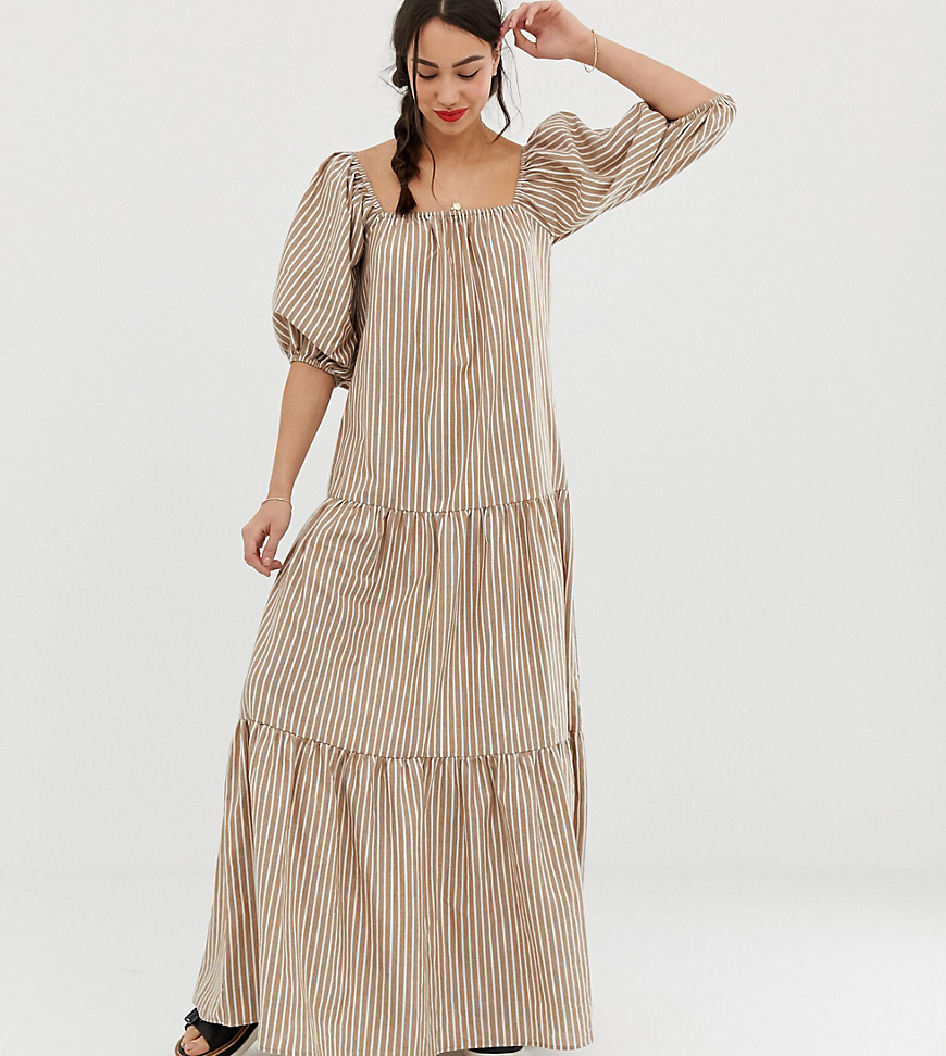 ASOS DESIGN Tall tiered maxi dress in stripe with puff sleeve