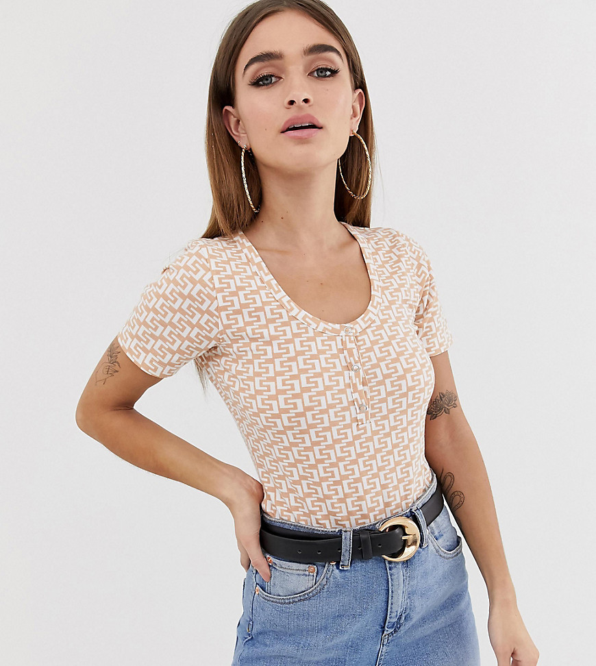Missguided Petite Exclusive popper bodysuit in pink logo print