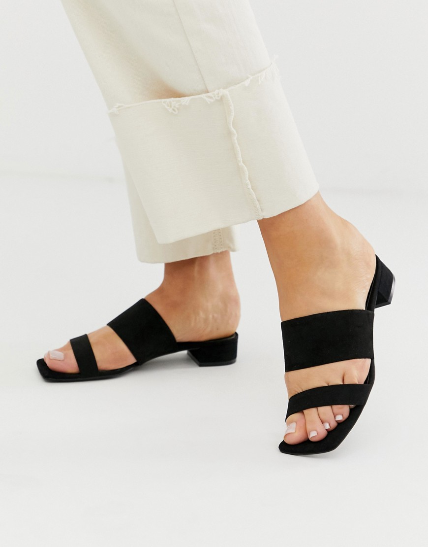 Monki small heel faux suede double strap sandals in black