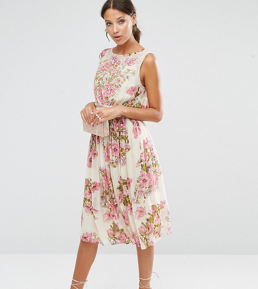 ASOS TALL SALON Pretty Floral Soft Midi Dress with Embellished Bodice - Multi