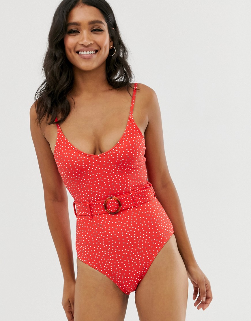 New Look belted swimsuit in red polka dot