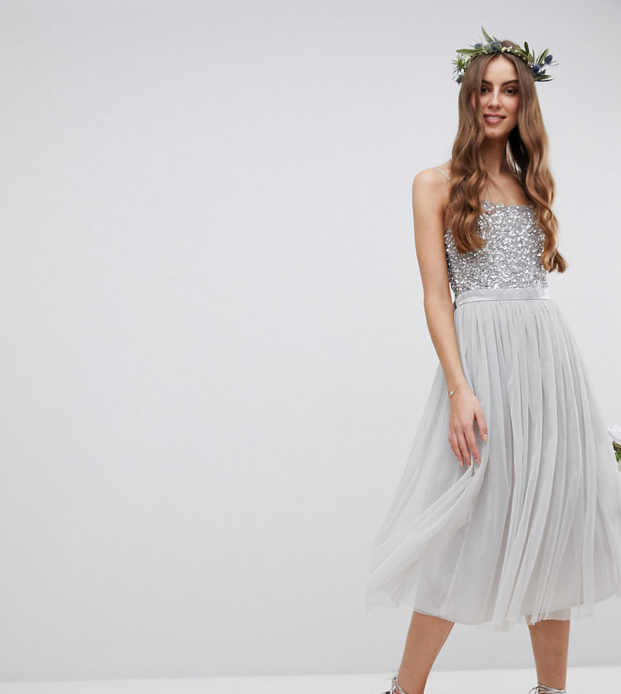 Maya Tall Cami Strap Sequin Top Tulle Detail Midi Bridesmaid Dress