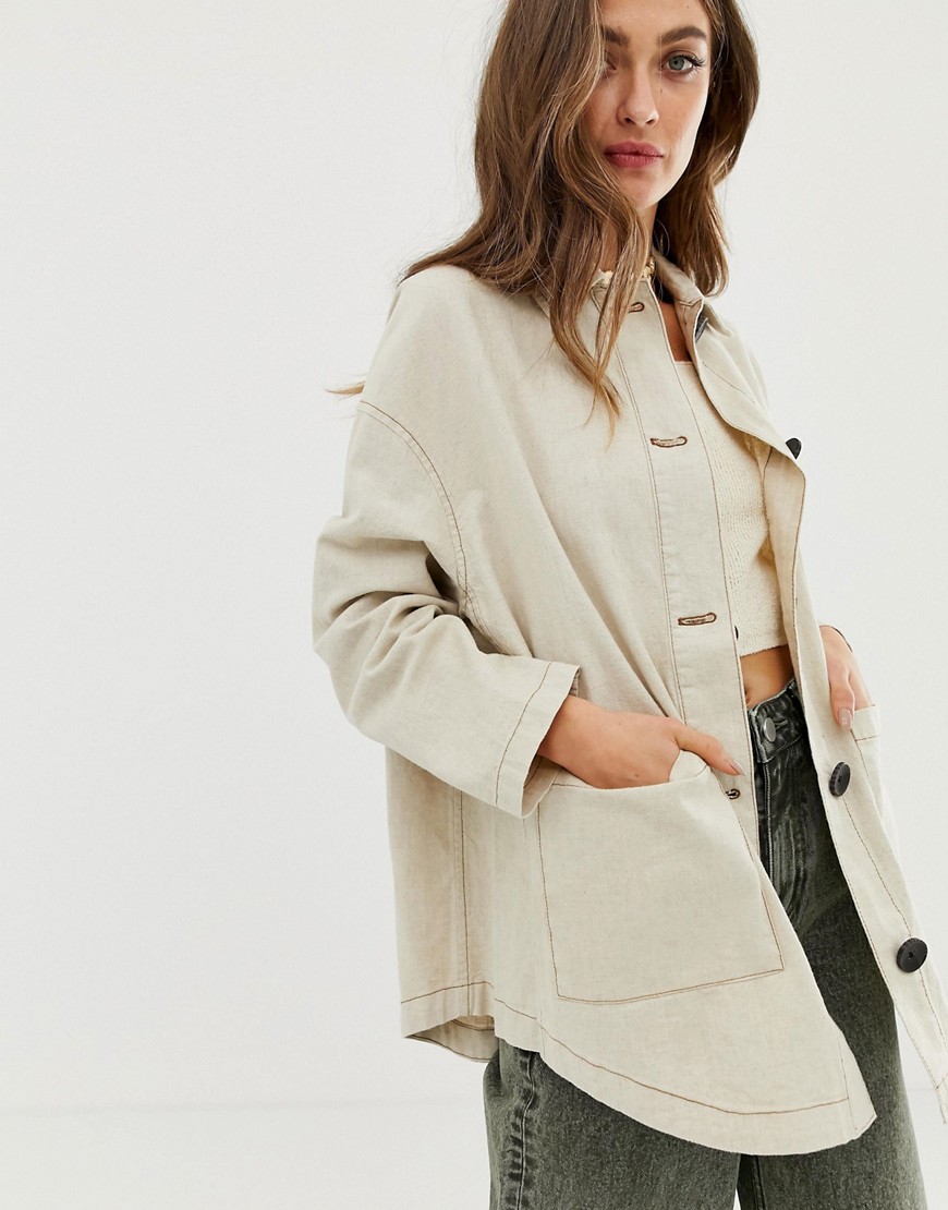 Asos Design Linen Jacket With Contrast Stitch Detail-stone