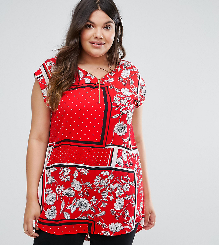 New Look Curve Scarf Print Tunic Top - Red pattern