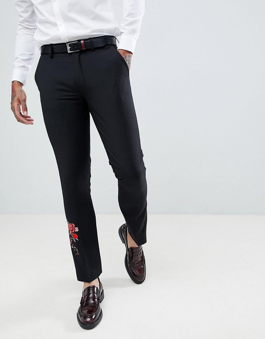 Devils Advocate Skinny Floral Embroidered Tuxedo Kick Flair Trousers