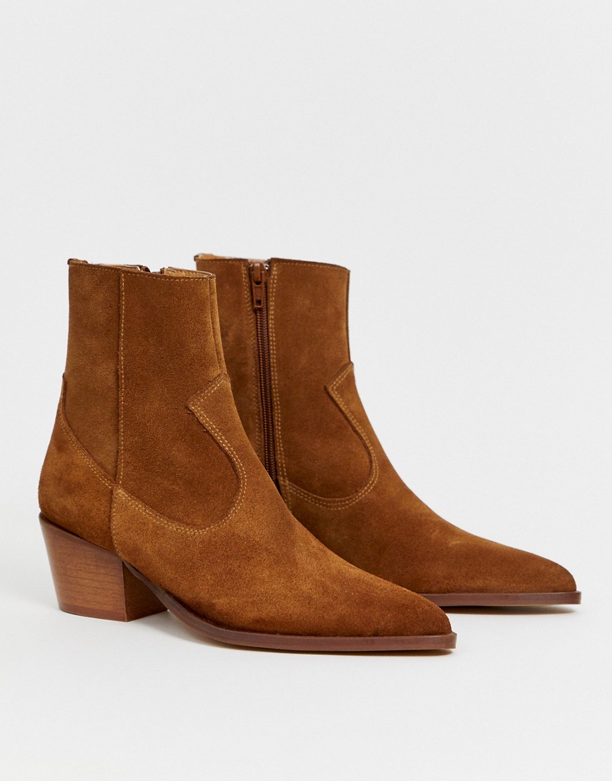 Depp tan suede western boots with stacked heel
