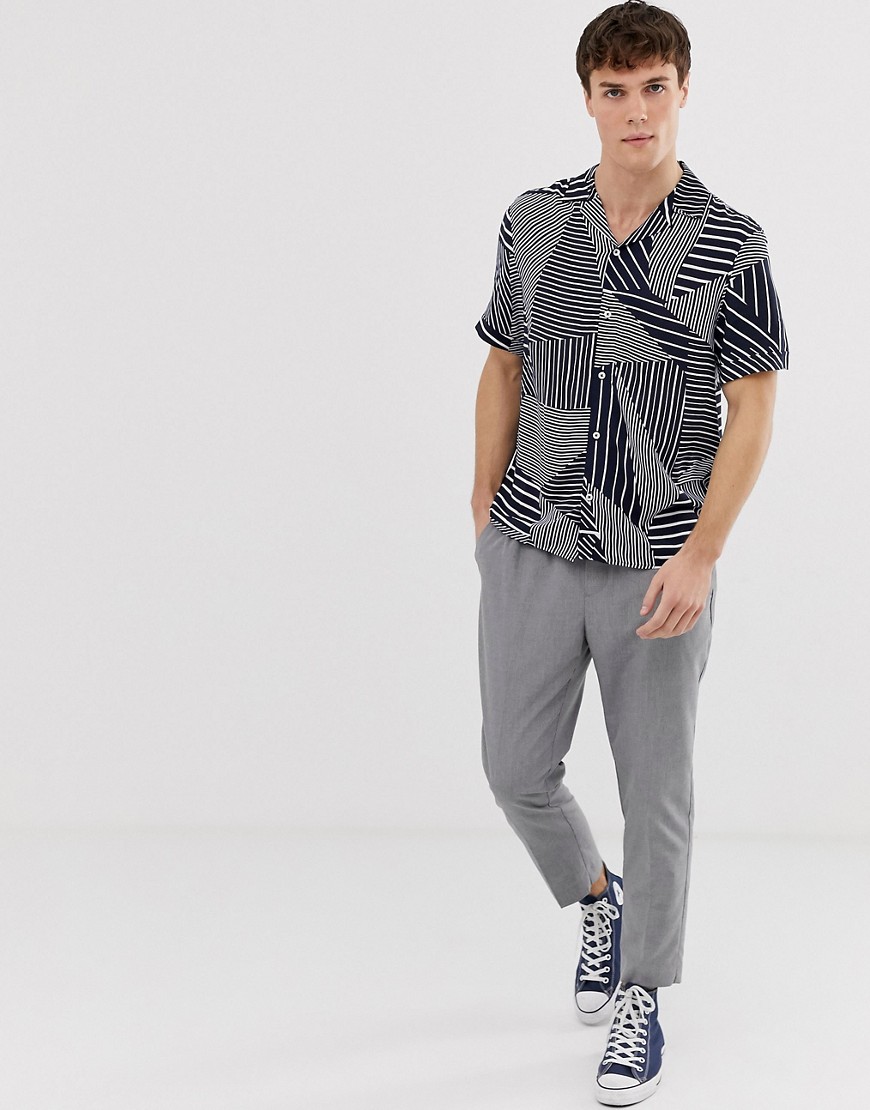 Burton Menswear revere shirt with patchwork stripe in navy