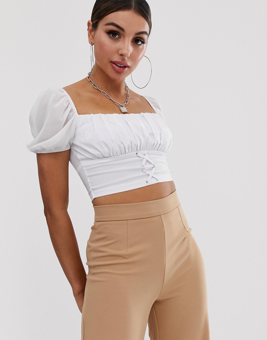 NaaNaa ruched milkmaid crop top with lace up front in white