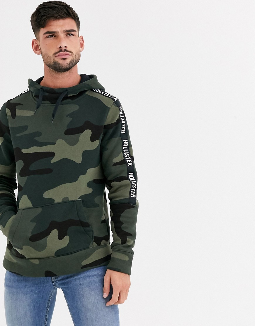 Hollister icon and sleeve tape logo hoodie in olive camo