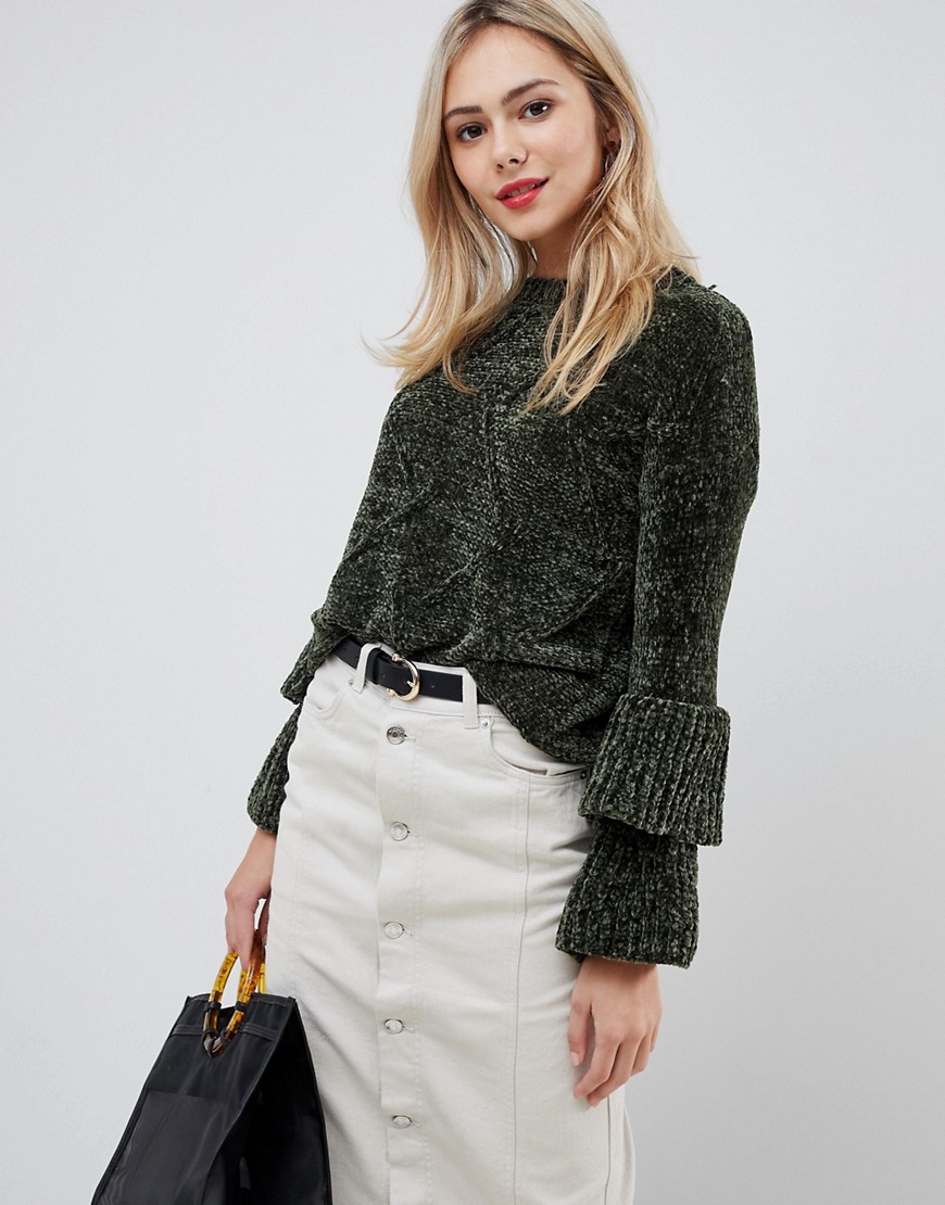 Stella Morgan Chenille Jumper with Frilled Trumpet Sleeves - Khaki