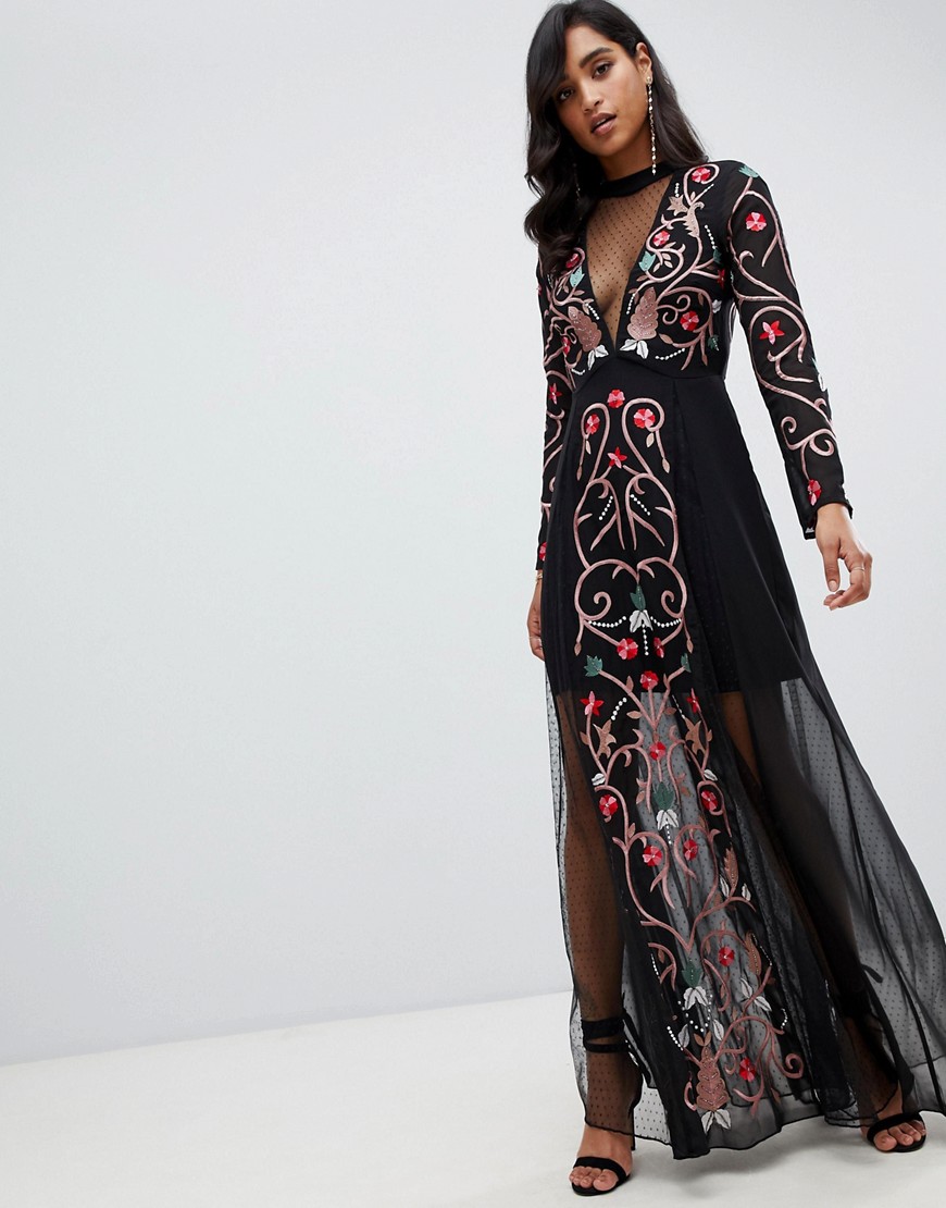 Frock And Frill all over embroidered maxi dress in black multi