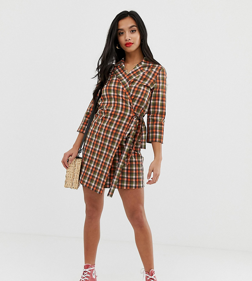 Glamorous Petite wrap front shirt dress in bright check