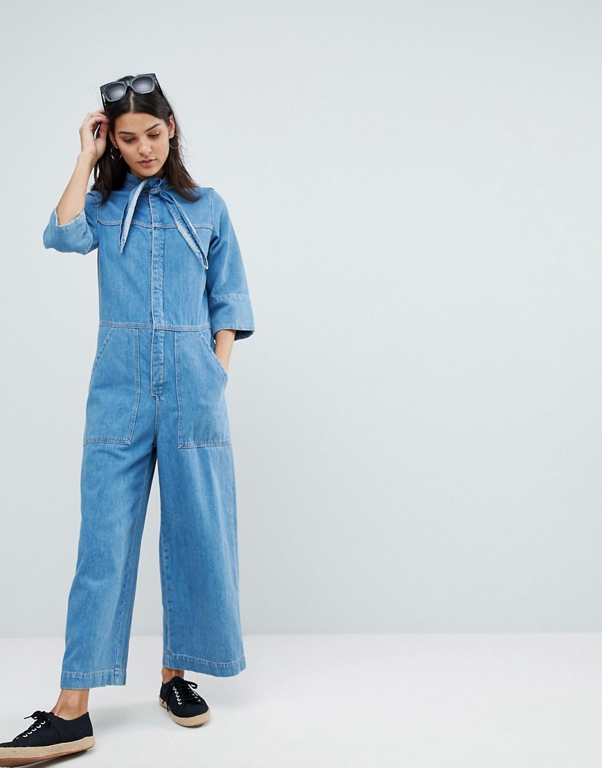 Mih Jeans Wide Leg Jumpsuit with Neck Tie Detail