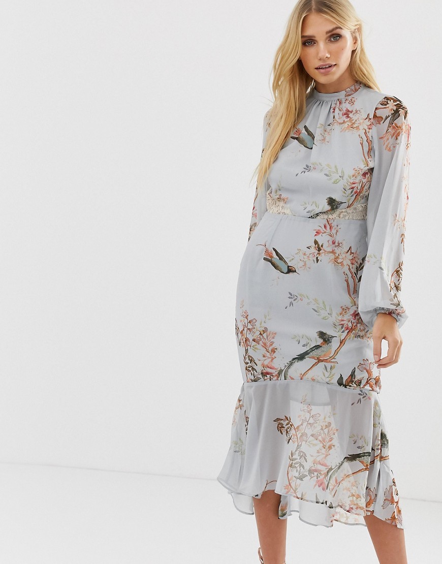 Hope & Ivy Long Sleeve Open Back Printed Midi Dress With Delicate Lace Trim