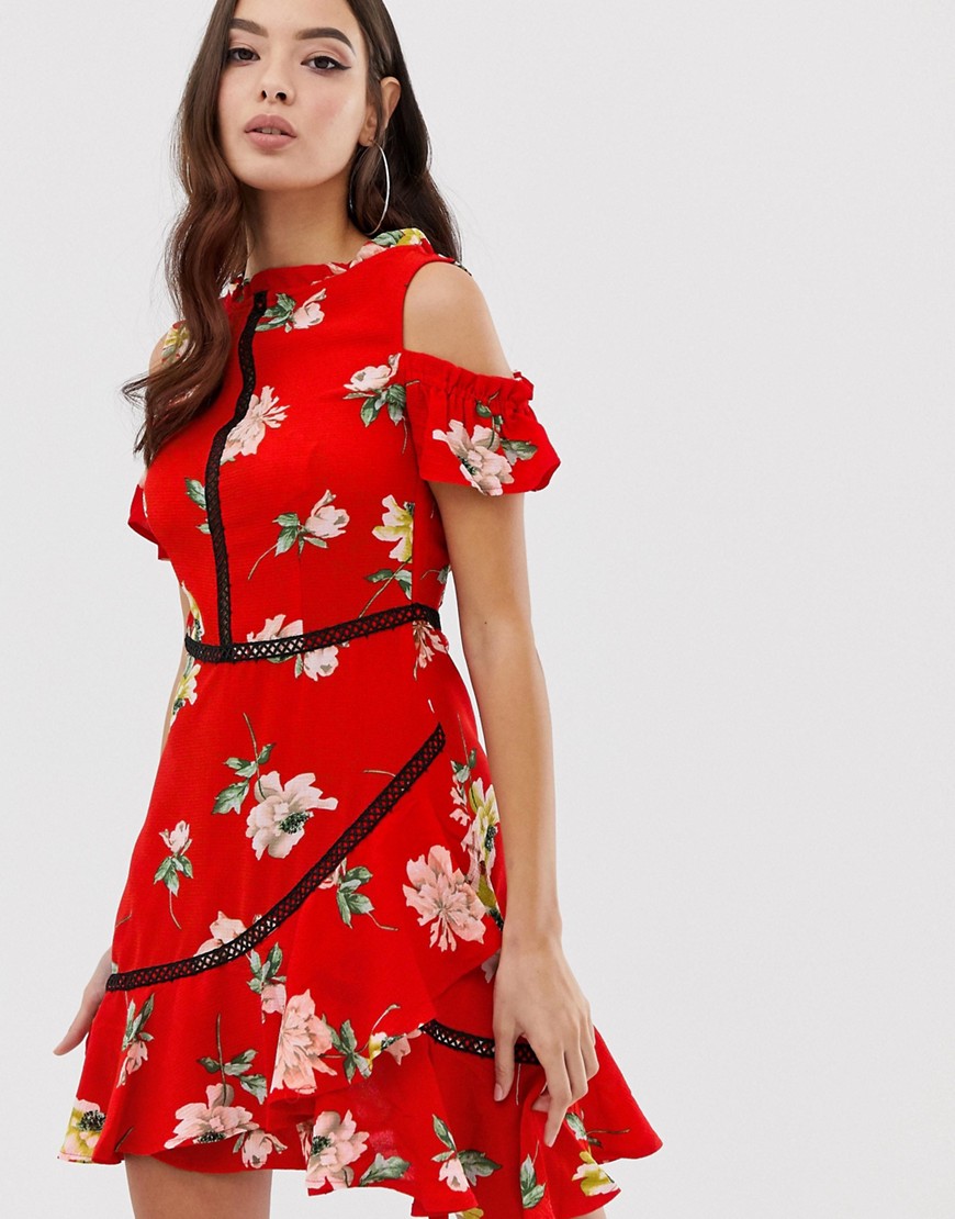 Lipsy floral dress with cold shoulder & ruffle details