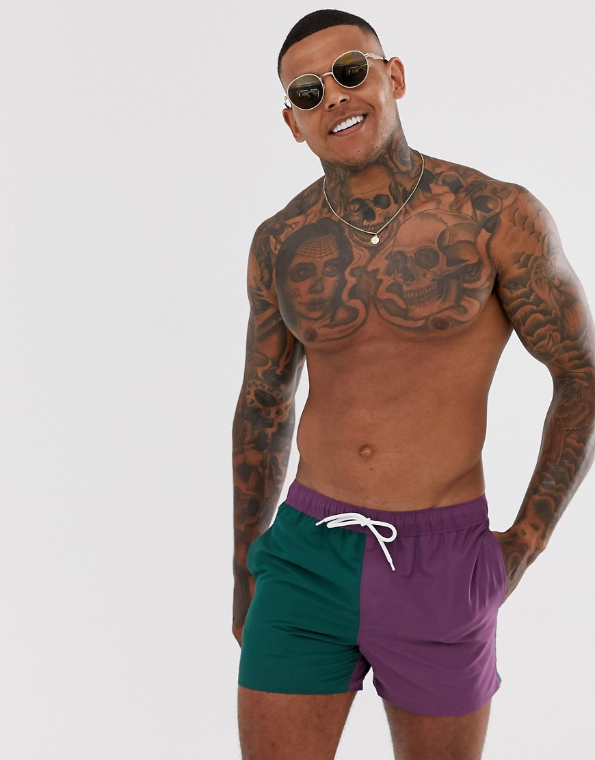 ASOS DESIGN swim shorts purple and khaki cut and sew short length