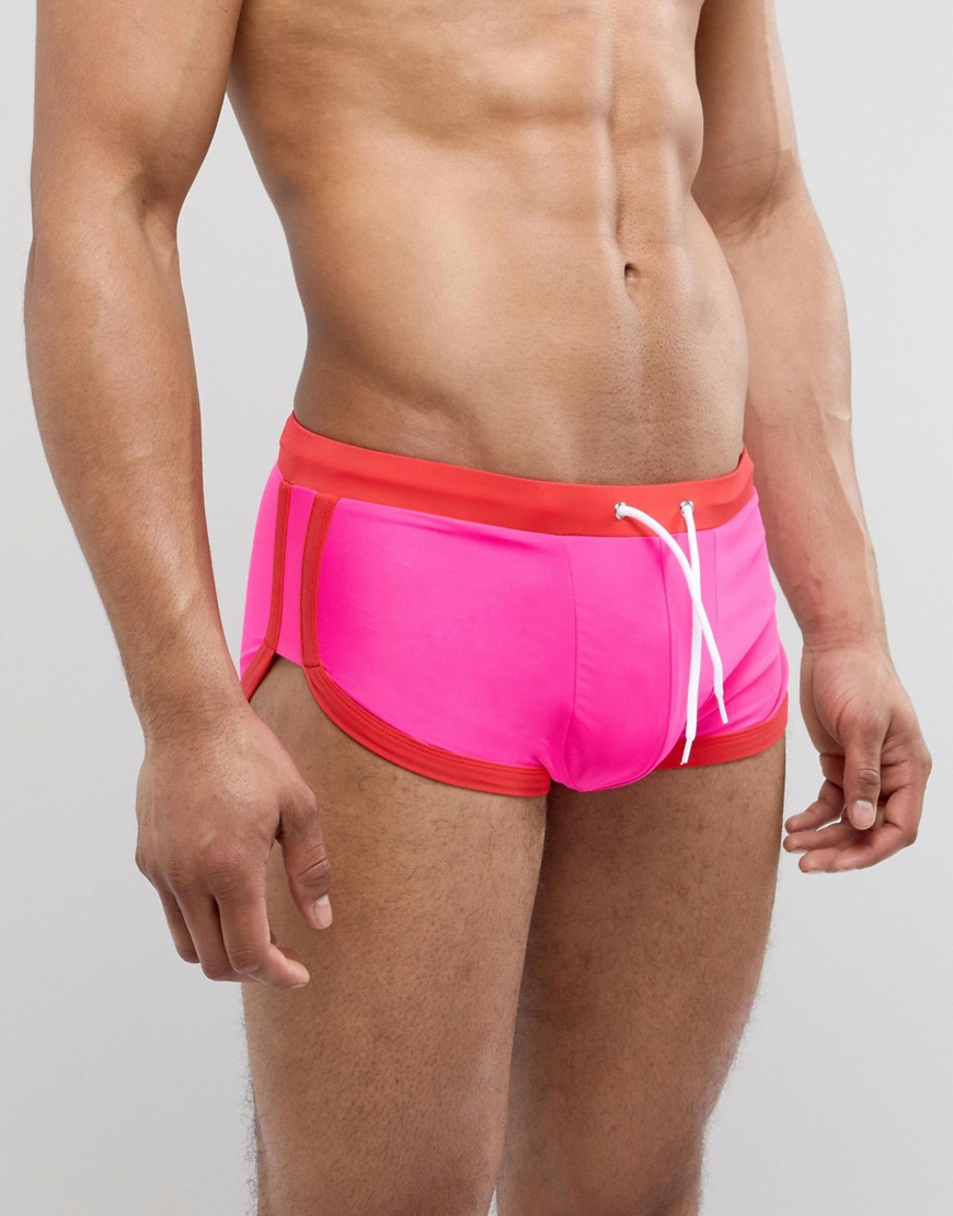 ASOS DESIGN Swim Trunks In Pink With Red Binding