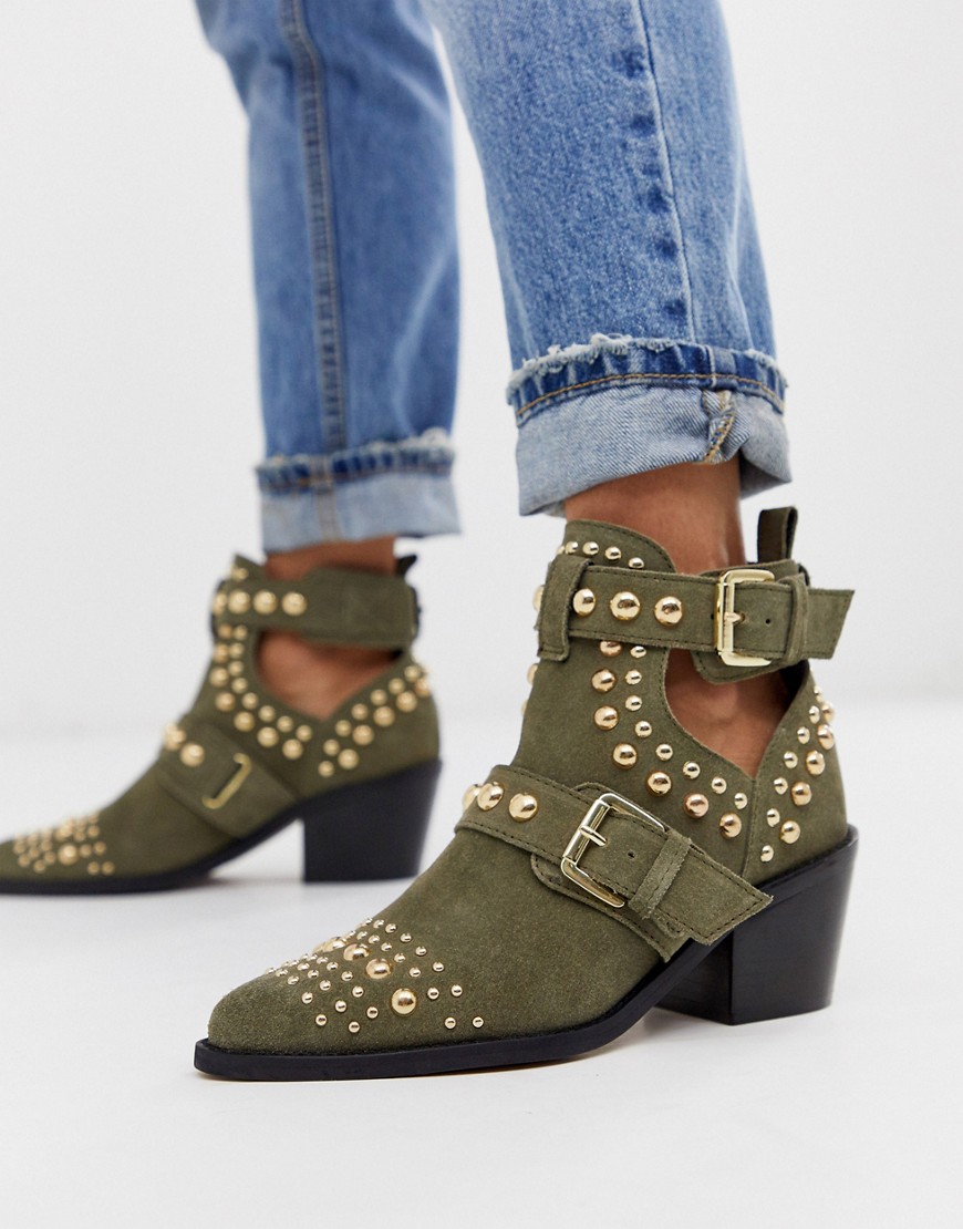 Kurt Geiger Sybil khaki suede mid heeled cut out studded ankle boots