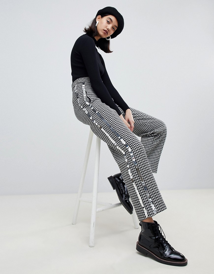 Lost Ink trousers with sequin heart embellishment in houndstooth