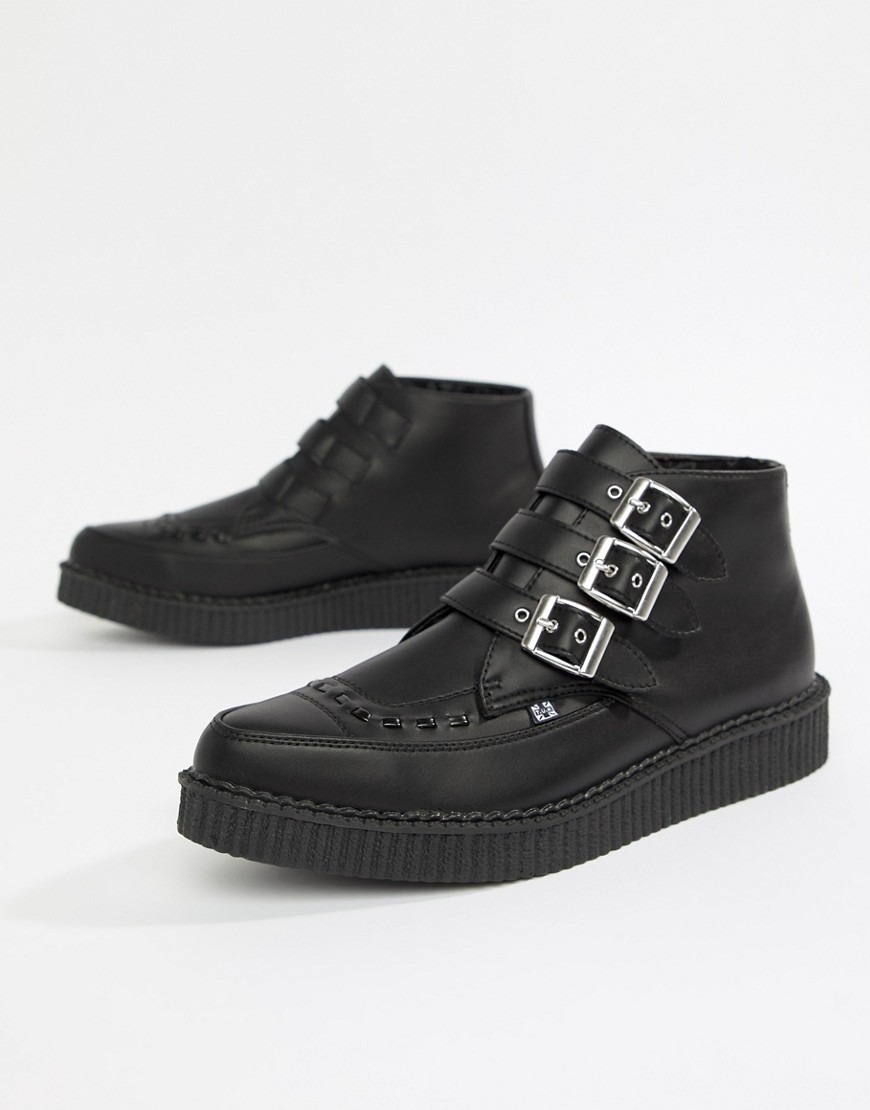 T.U.K pointed faux leather creeper boots with multi buckle - Black