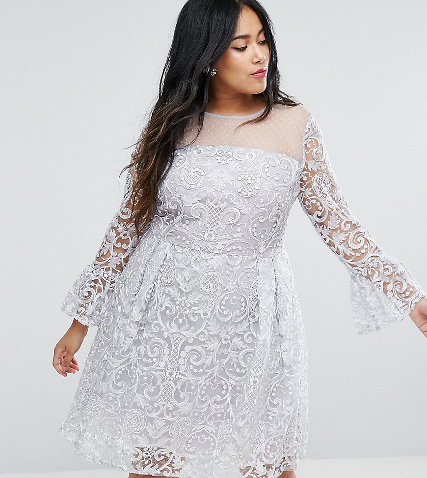 Truly You All Over Embroidered Midi Skater Dress With Fluted Sleeve Detail - Silver